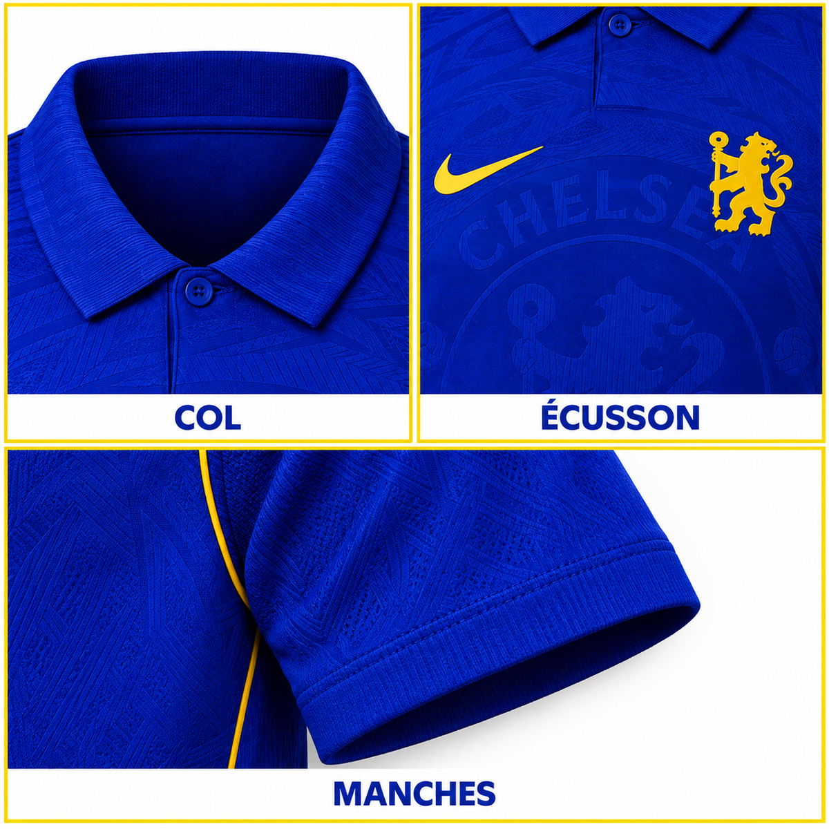Chelsea domicile 2026-2027 – Gros plans col, écusson, manches