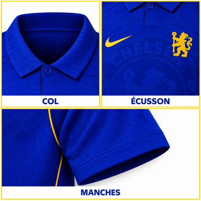 Chelsea domicile 2026-2027 – Gros plans col, écusson, manches
