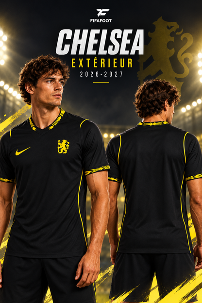 Chelsea extérieur 2026-2027 – Affiche mannequin brun, col en V