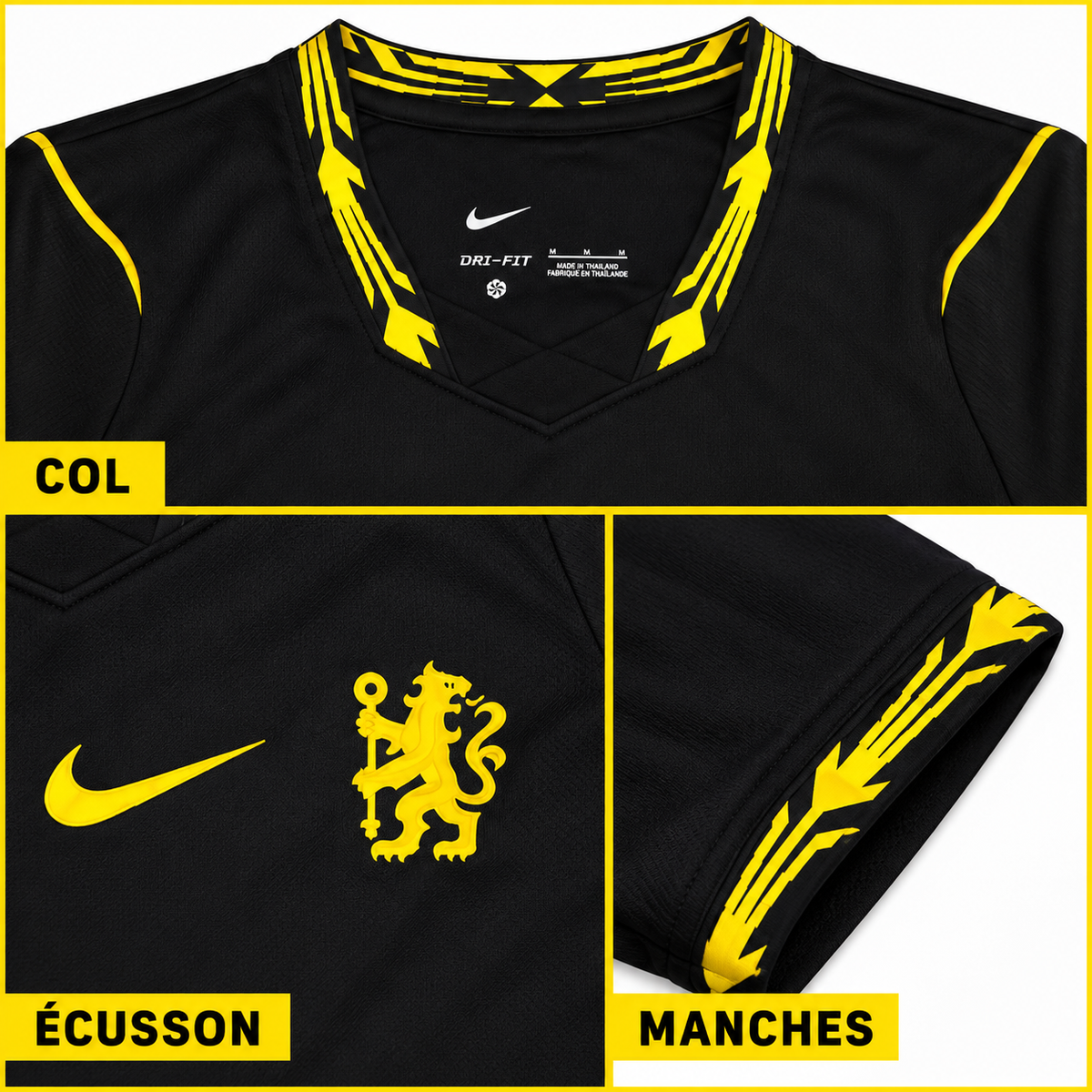 Chelsea extérieur 2026-2027 – Détails col en V, lion jaune, manches