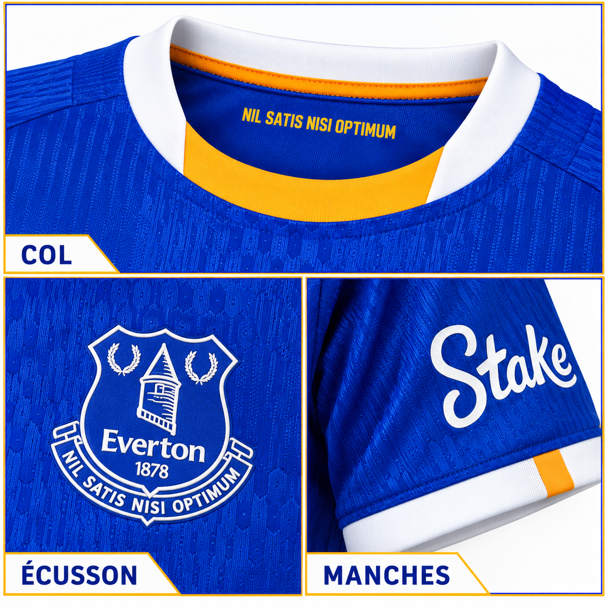 Everton domicile 2026-2027 – Gros plans col, écusson, manches