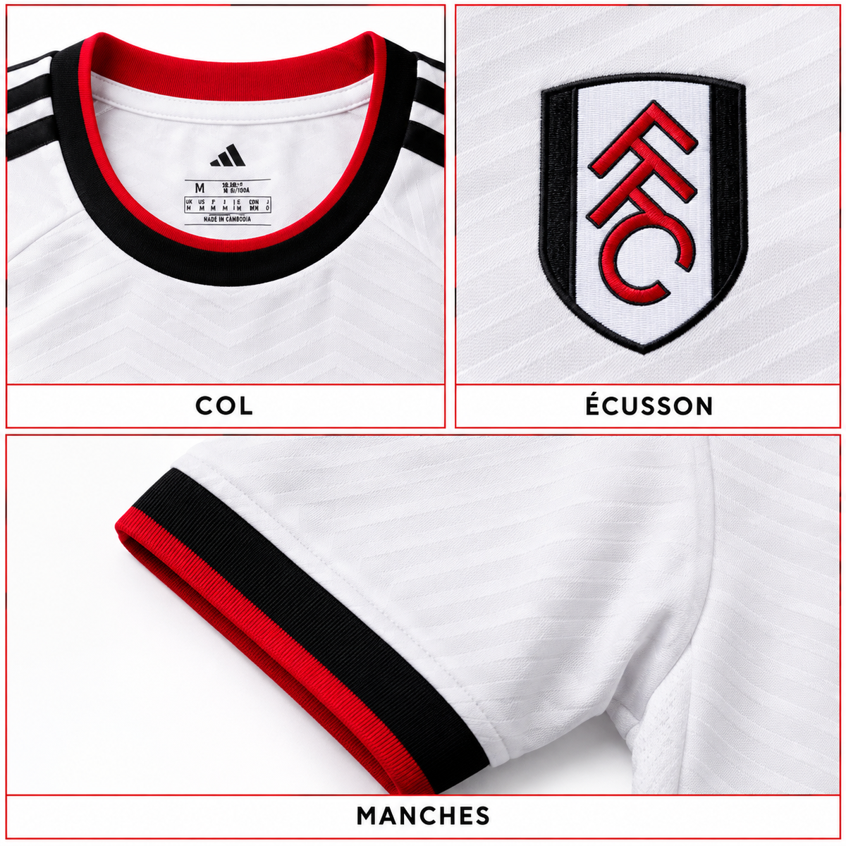 Maillot Fulham Domicile 2026-2027 – Blanc, Noir & Rouge – Détails du col, écusson et manches