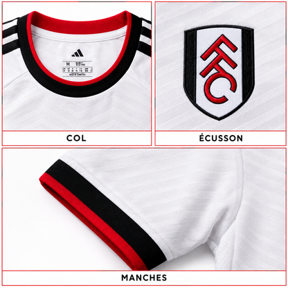 Maillot Fulham Domicile 2026-2027 – Blanc, Noir & Rouge – Détails du col, écusson et manches