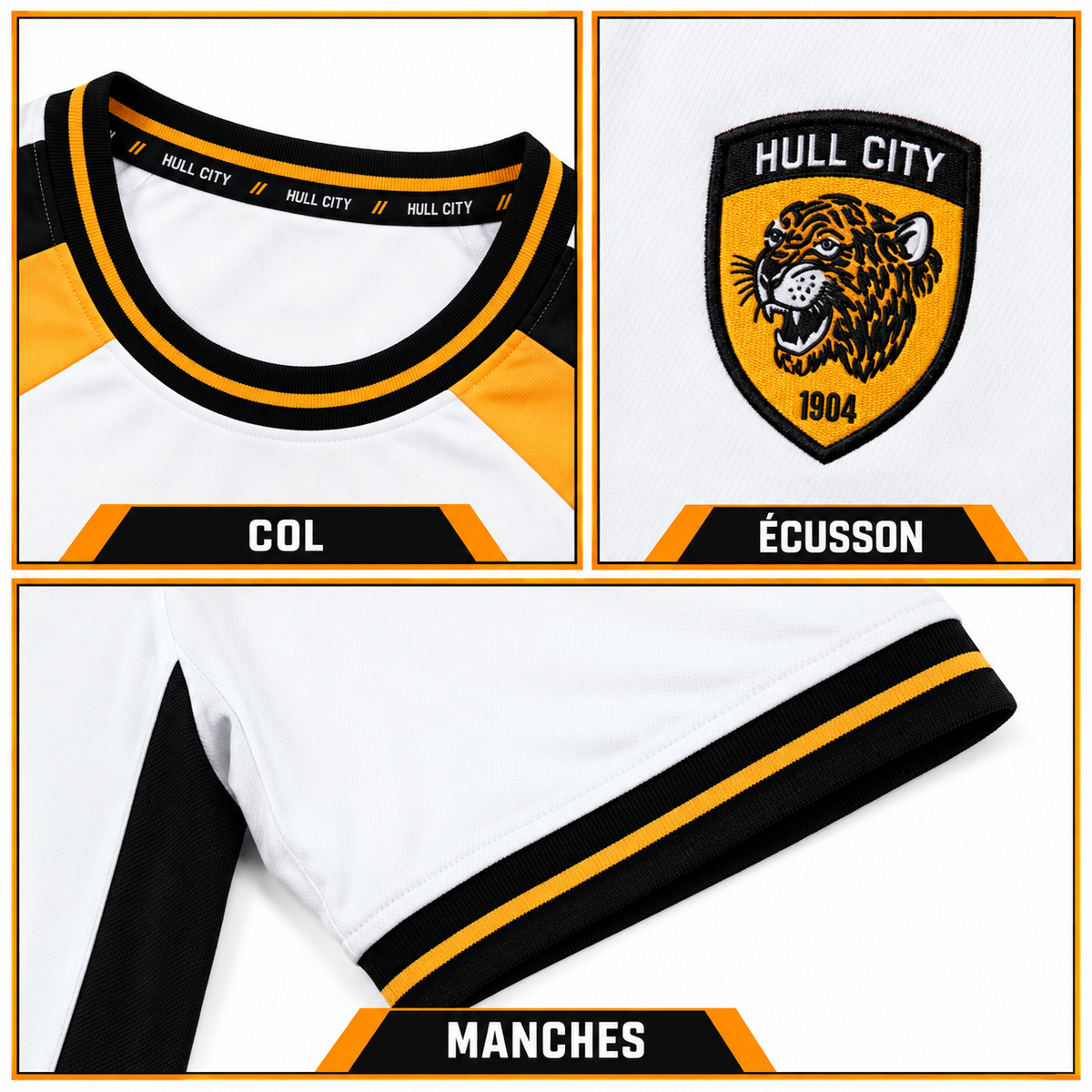 Maillot Hull City Extérieur 2026-2027 – Blanc, Noir & Orange — détails du col, écusson et manches