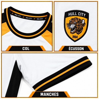 Maillot Hull City Extérieur 2026-2027 – Blanc, Noir & Orange — détails du col, écusson et manches