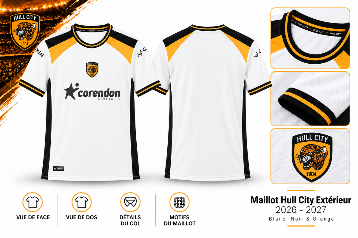 Maillot Hull City Extérieur 2026-2027 – Blanc, Noir & Orange — face, dos et détails