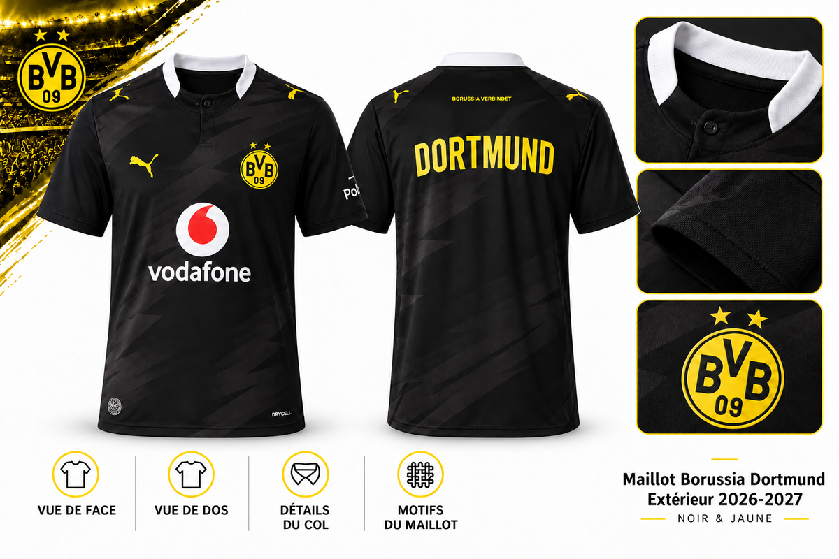Maillot Borussia Dortmund Extérieur 2026-2027 – Noir & Jaune — face, dos et détails