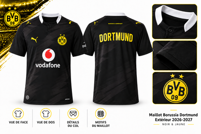 Maillot Borussia Dortmund Extérieur 2026-2027 – Noir & Jaune — face, dos et détails