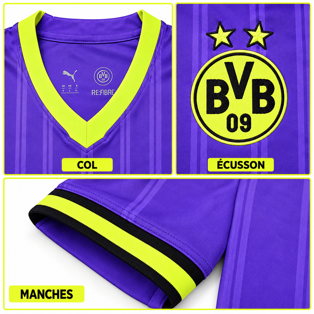Maillot Borussia Dortmund Third 2026-2027 – Violet & Jaune Fluo — détails du col, écusson et manches