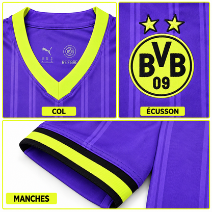 Maillot Borussia Dortmund Third 2026-2027 – Violet & Jaune Fluo — détails du col, écusson et manches