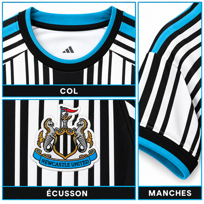 Maillot Newcastle United Domicile 2026-2027 – Noir, Blanc & Bleu — détails du col, écusson et manches