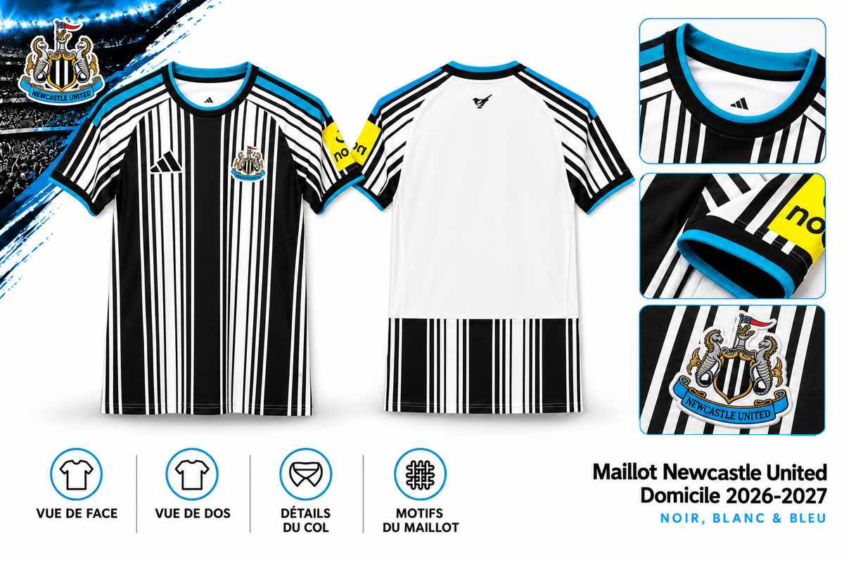 Maillot Newcastle United Domicile 2026-2027 – Noir, Blanc & Bleu — face, dos et détails