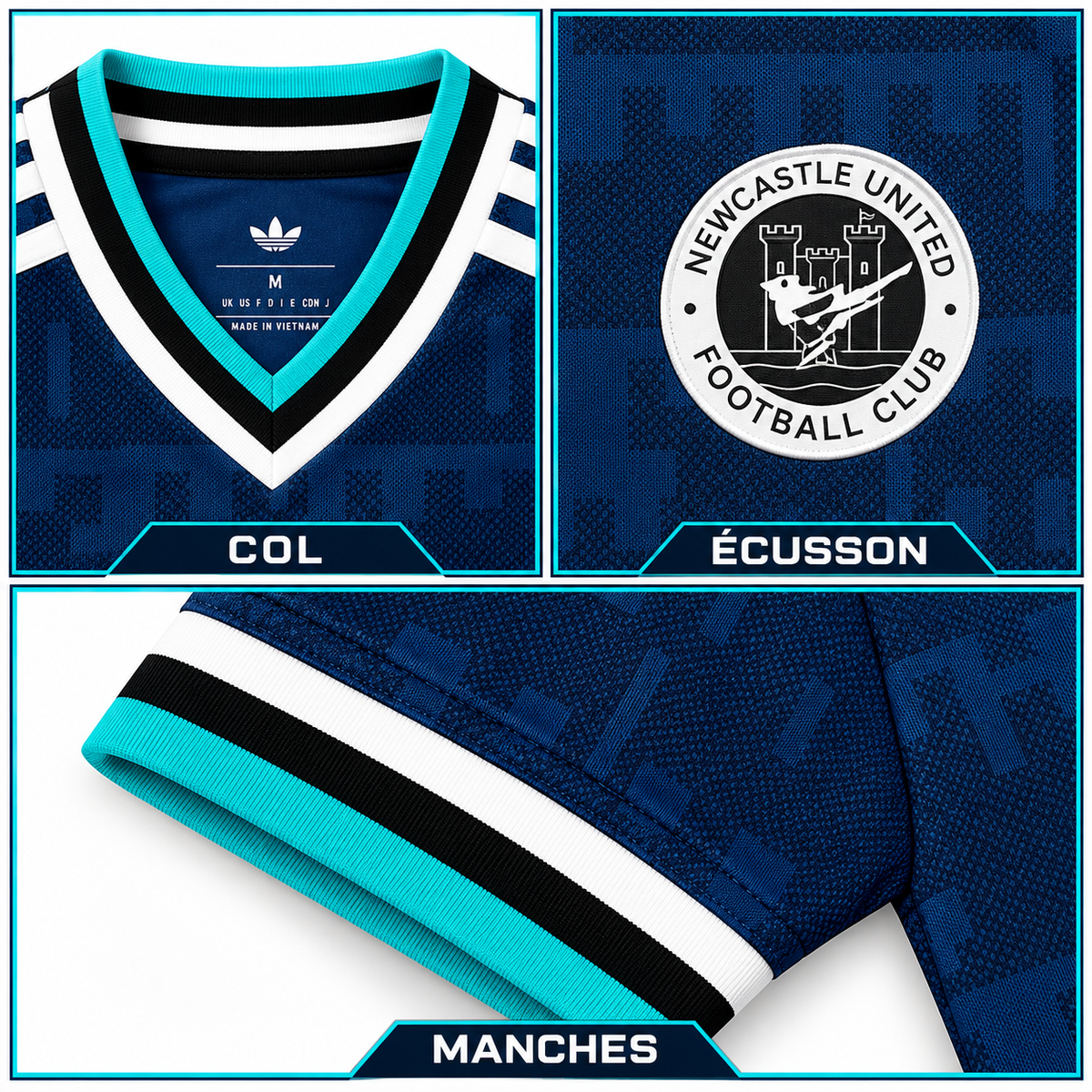 Maillot Newcastle United Extérieur 2026-2027 – Bleu Marine & Turquoise — détails du col, écusson et manches