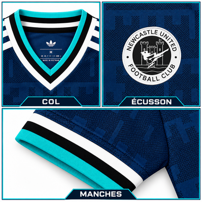 Maillot Newcastle United Extérieur 2026-2027 – Bleu Marine & Turquoise — détails du col, écusson et manches