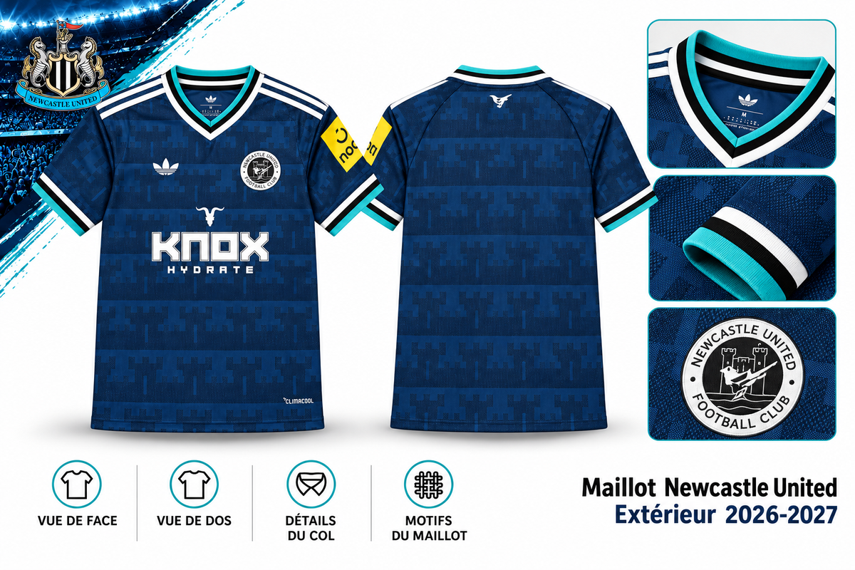 Maillot Newcastle United Extérieur 2026-2027 – Bleu Marine & Turquoise — face, dos et détails