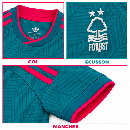 Maillot Nottingham Forest Extérieur 2026-2027 – Turquoise & Rose — détails du col, écusson et manches