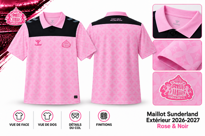 Maillot Sunderland Extérieur 2026-2027 – Rose & Noir — face, dos et détails