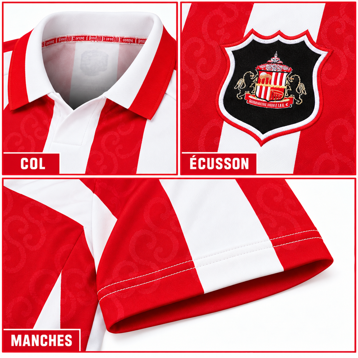 Maillot Sunderland Domicile 2026-2027 – Rouge & Blanc — détails du col, écusson et manches