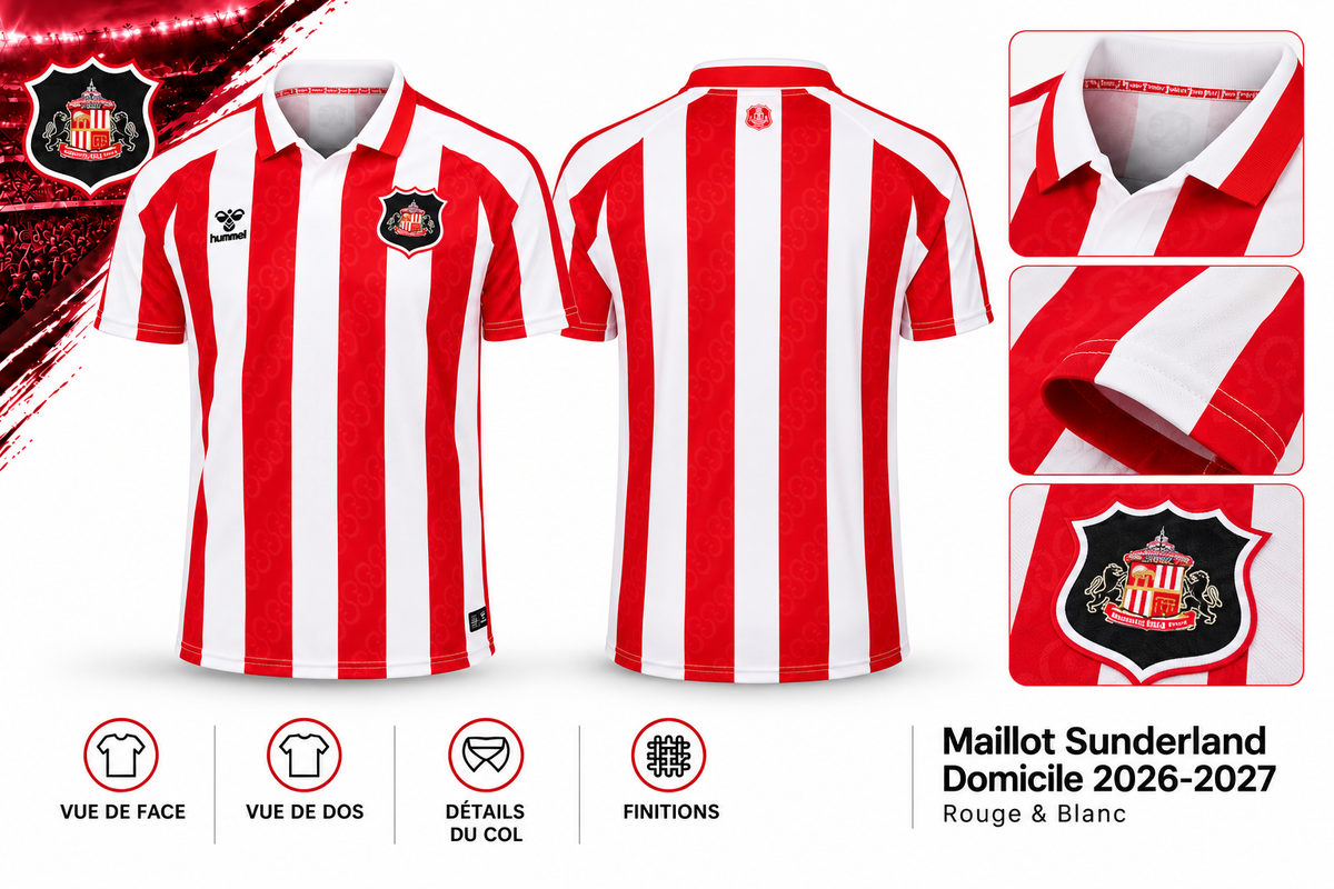 Maillot Sunderland Domicile 2026-2027 – Rouge & Blanc — face, dos et détails