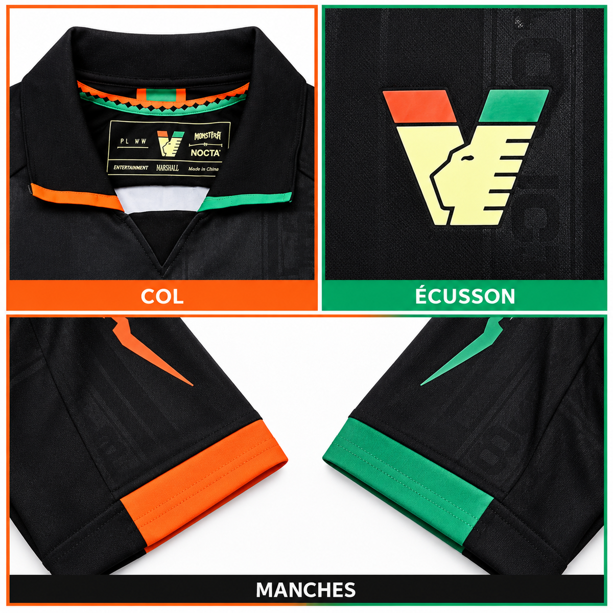 Maillot Venezia FC Domicile 2026-2027 – Noir, Vert & Orange — details