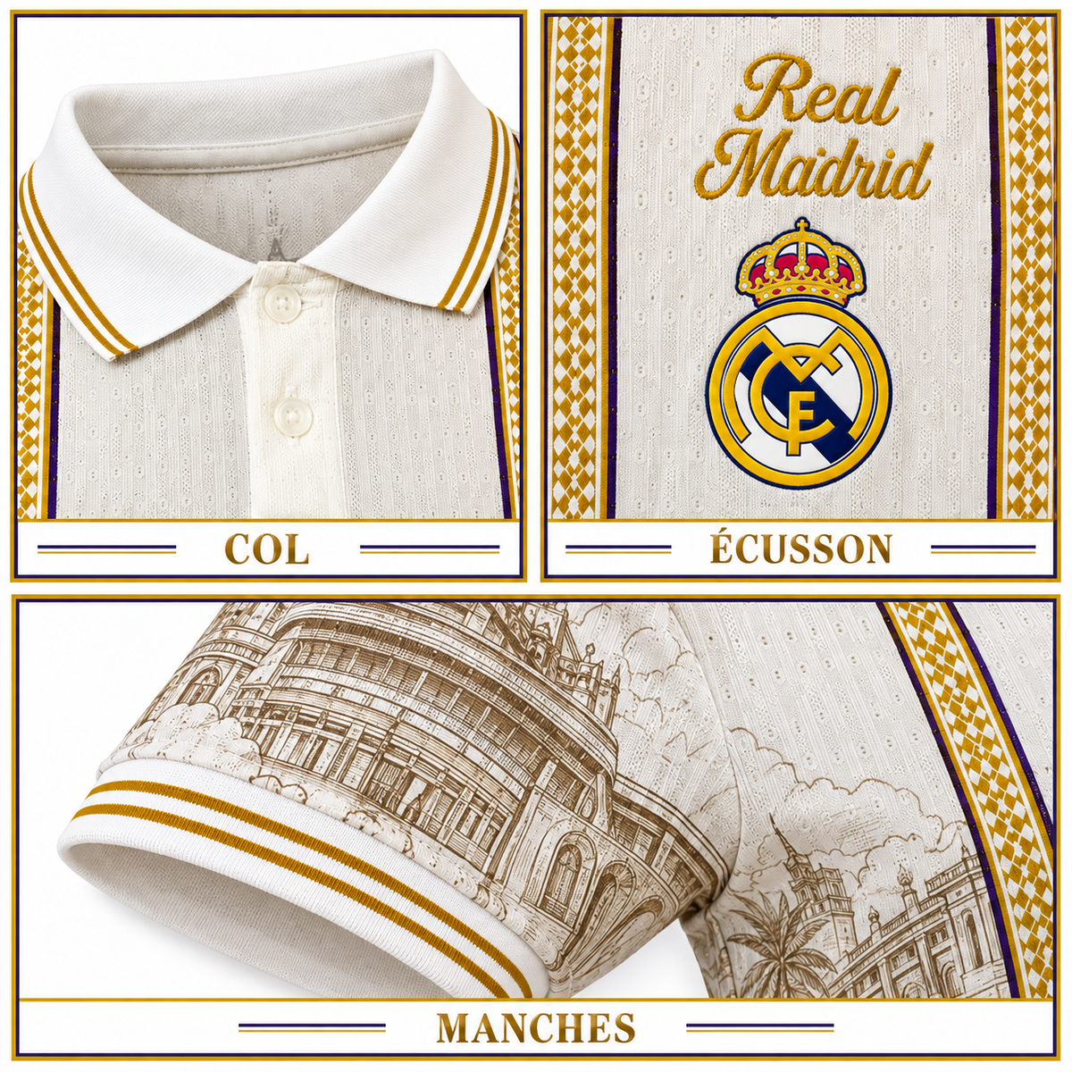 Polo Real Madrid 2026-2027 Beige & Or – Édition Premium Homme — détails du col, écusson et manches