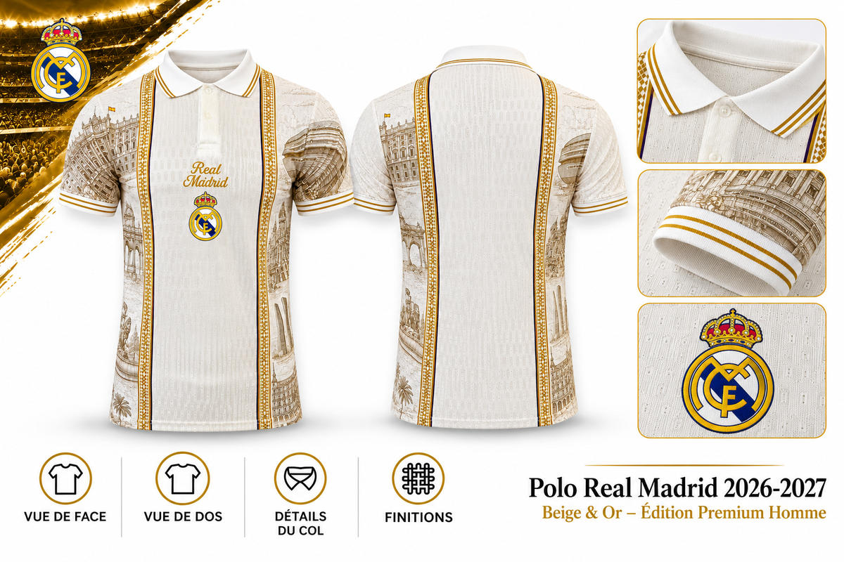 Polo Real Madrid 2026-2027 Beige & Or – Édition Premium Homme — synthese