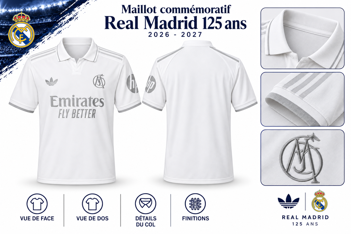 Maillot Commémoratif Real Madrid 125 Ans 2026-2027 – Blanc & Argent — face, dos et détails