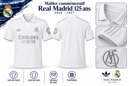 Maillot Commémoratif Real Madrid 125 Ans 2026-2027 – Blanc & Argent — face, dos et détails