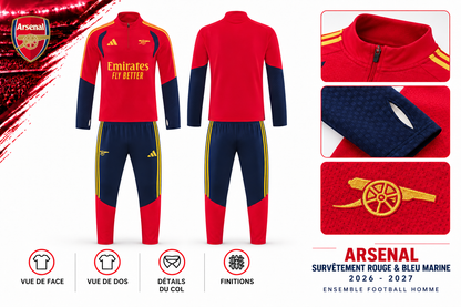 Survêtement Arsenal Rouge & Bleu Marine 2026-2027 – Ensemble Football Homme — face, dos et détails