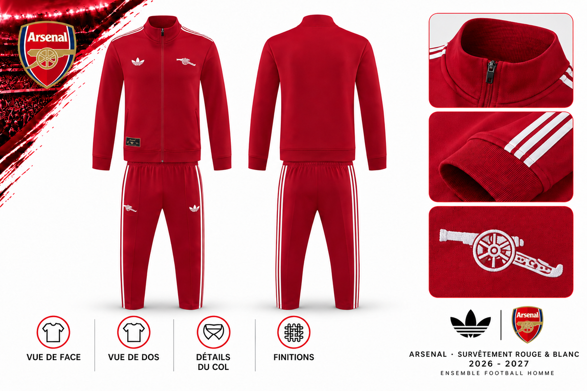 Survêtement Arsenal Rouge & Blanc 2026-2027 – Ensemble Football Homme — face, dos et détails