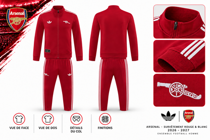 Survêtement Arsenal Rouge & Blanc 2026-2027 – Ensemble Football Homme — face, dos et détails