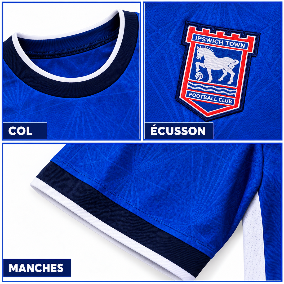 Maillot Ipswich domicile 2026-2027 — détails du col, écusson et manches
