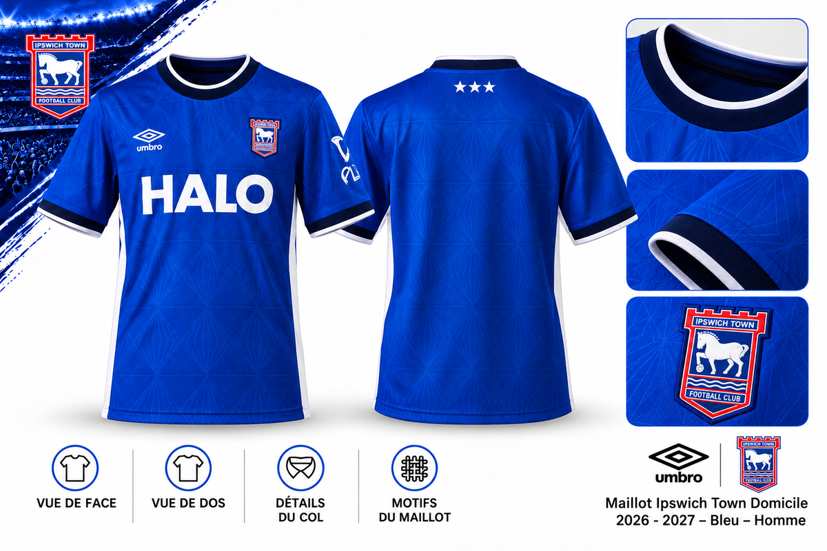 Maillot Ipswich domicile 2026-2027 — vue de face, dos et détails