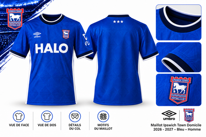 Maillot Ipswich domicile 2026-2027 — vue de face, dos et détails