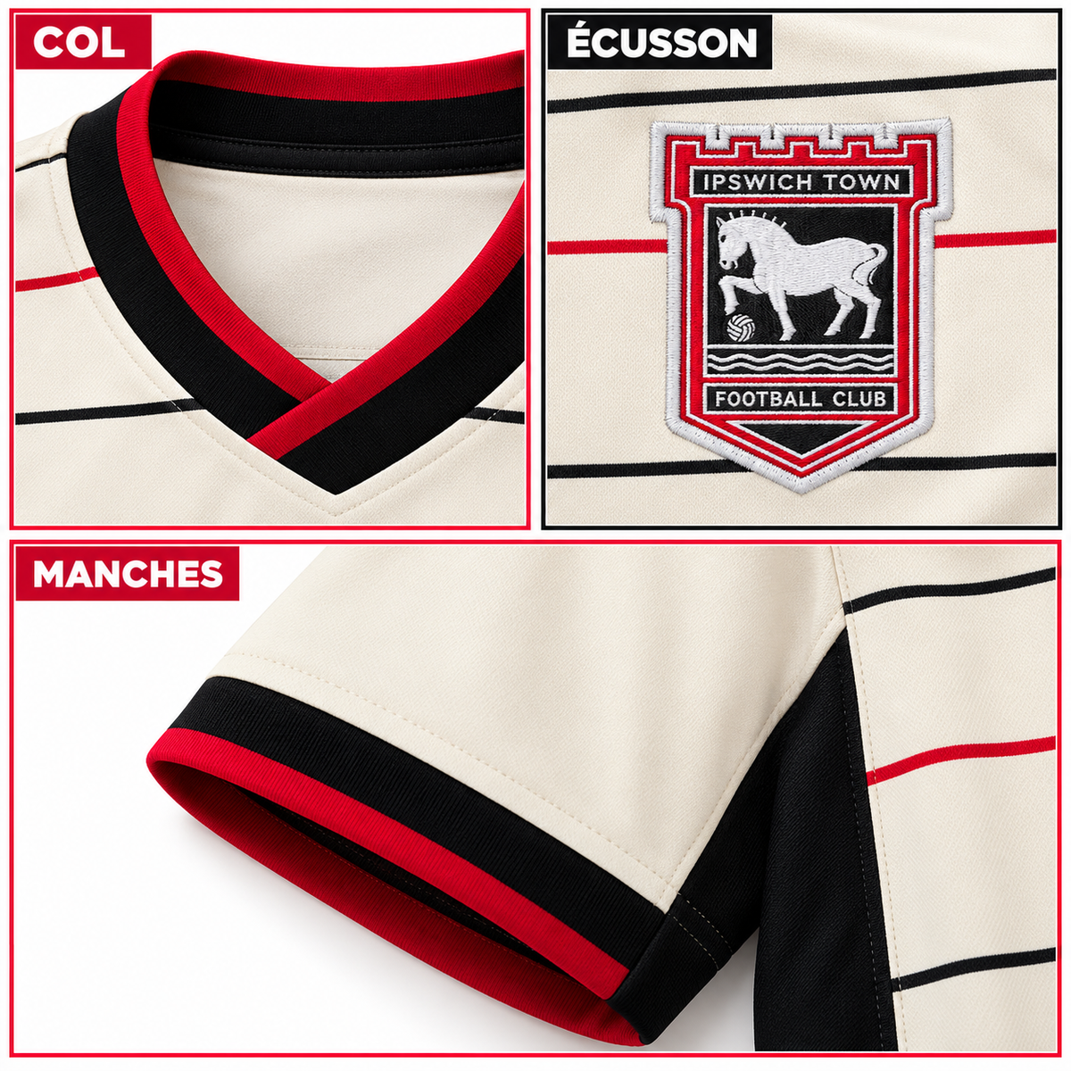Maillot Ipswich extérieur 2026-2027 — détails du col, écusson et manches