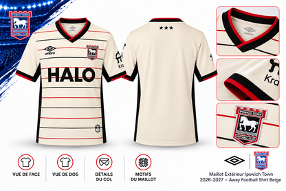 Maillot Ipswich extérieur 2026-2027 — vue de face, dos et détails
