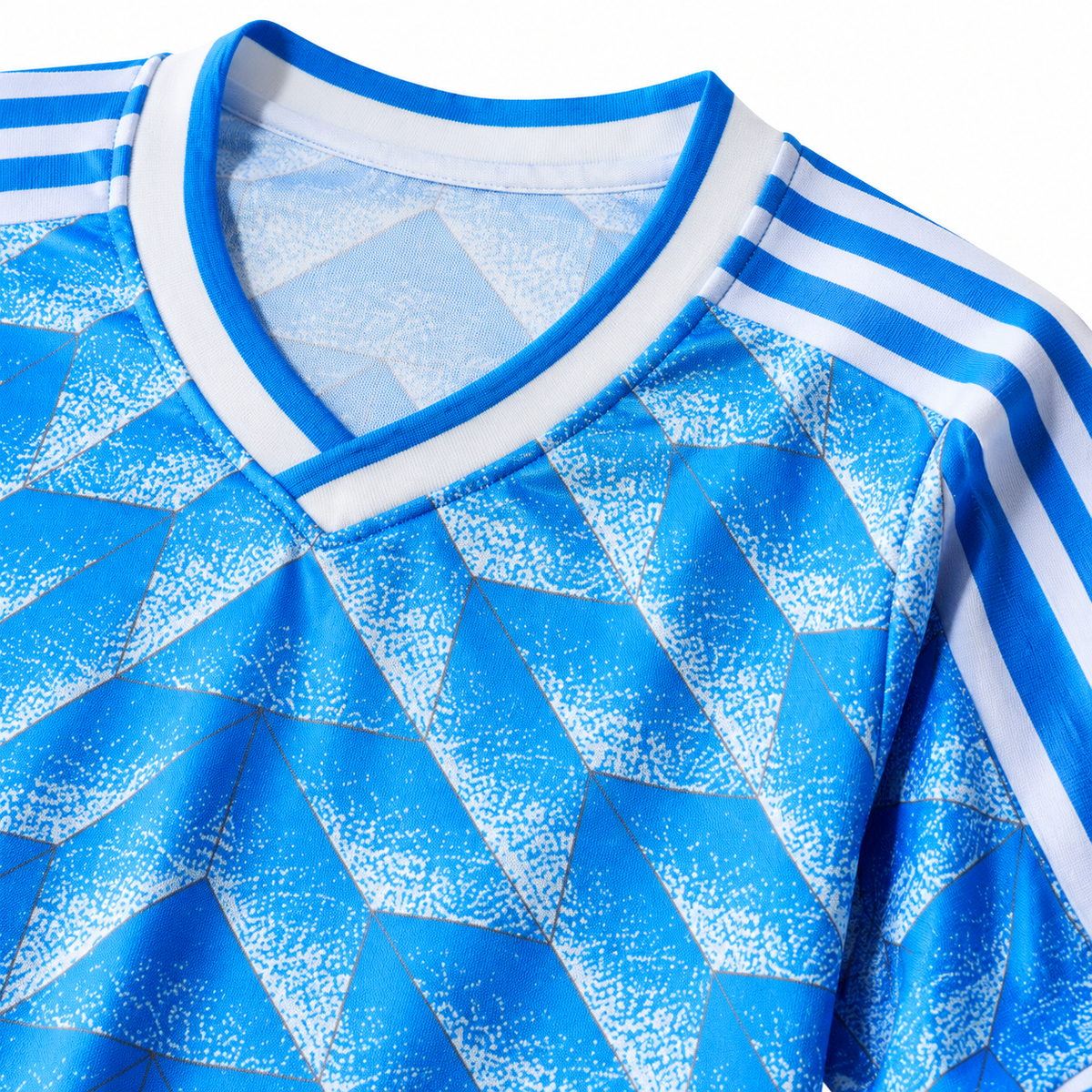 Détail du col et du motif bleu du maillot rétro Pays-Bas 1988