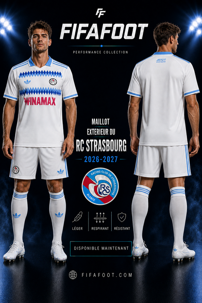 Maillot RC Strasbourg Extérieur 2026-2022027 Blanc Bleu – Jersey Football RCSA
