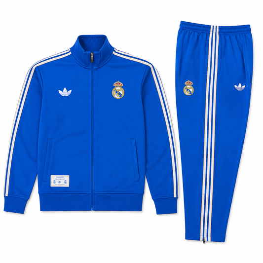 Ensemble Survêtement Real Madrid Bleu 2026/2027 – Tracksuit Football Homme Premium | Veste Zippée & Pantalon Slim Fit