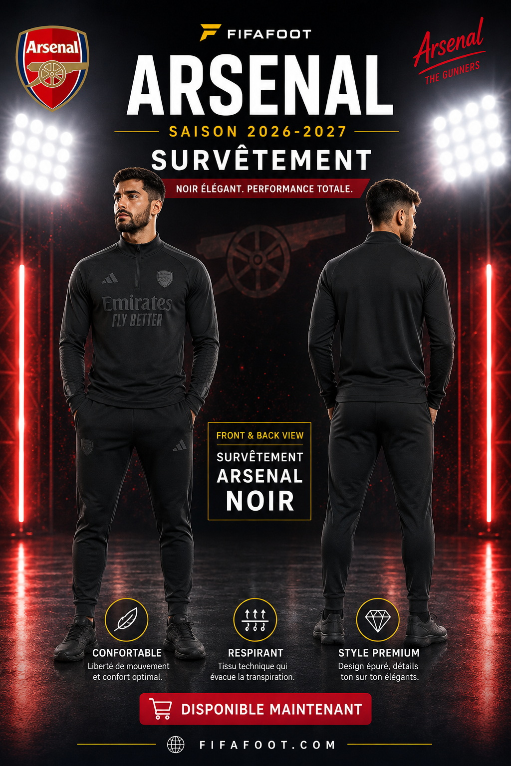 Survêtement Arsenal Noir 2026-2027 – Ensemble Training Football Homme