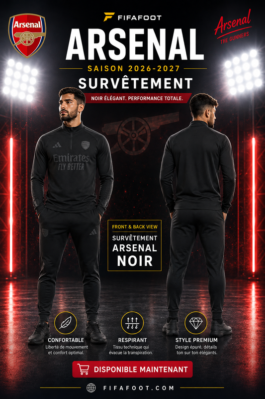 Survêtement Arsenal Noir 2026-2027 – Ensemble Training Football Homme