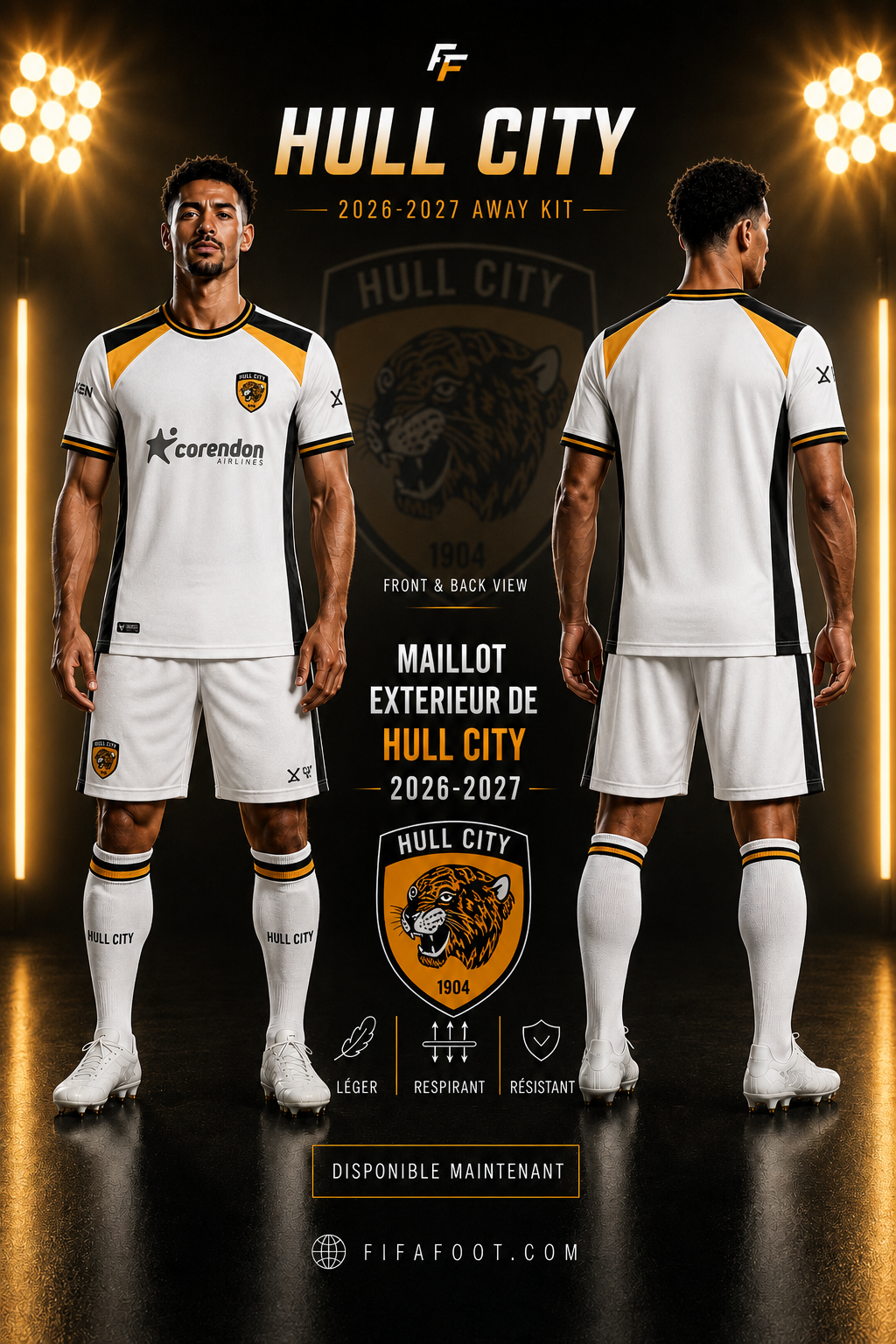 Maillot Hull City Extérieur 2026-2027 – Blanc, Noir & Orange