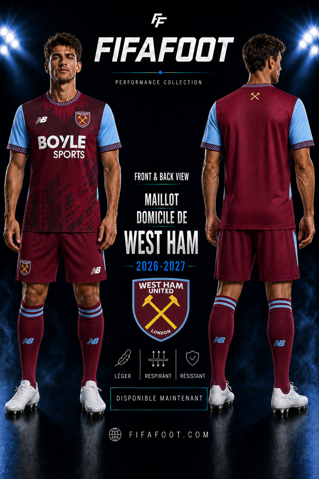 Maillot West Ham Domicile 2026-2027 Bordeaux Football Jersey Home Shirt