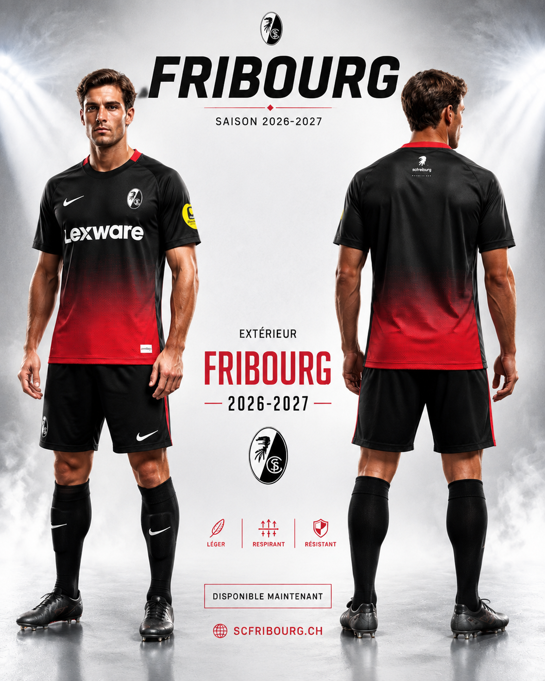 Maillot SC Fribourg Extérieur 2026-2027 – Jersey Football Noir Rouge Homme