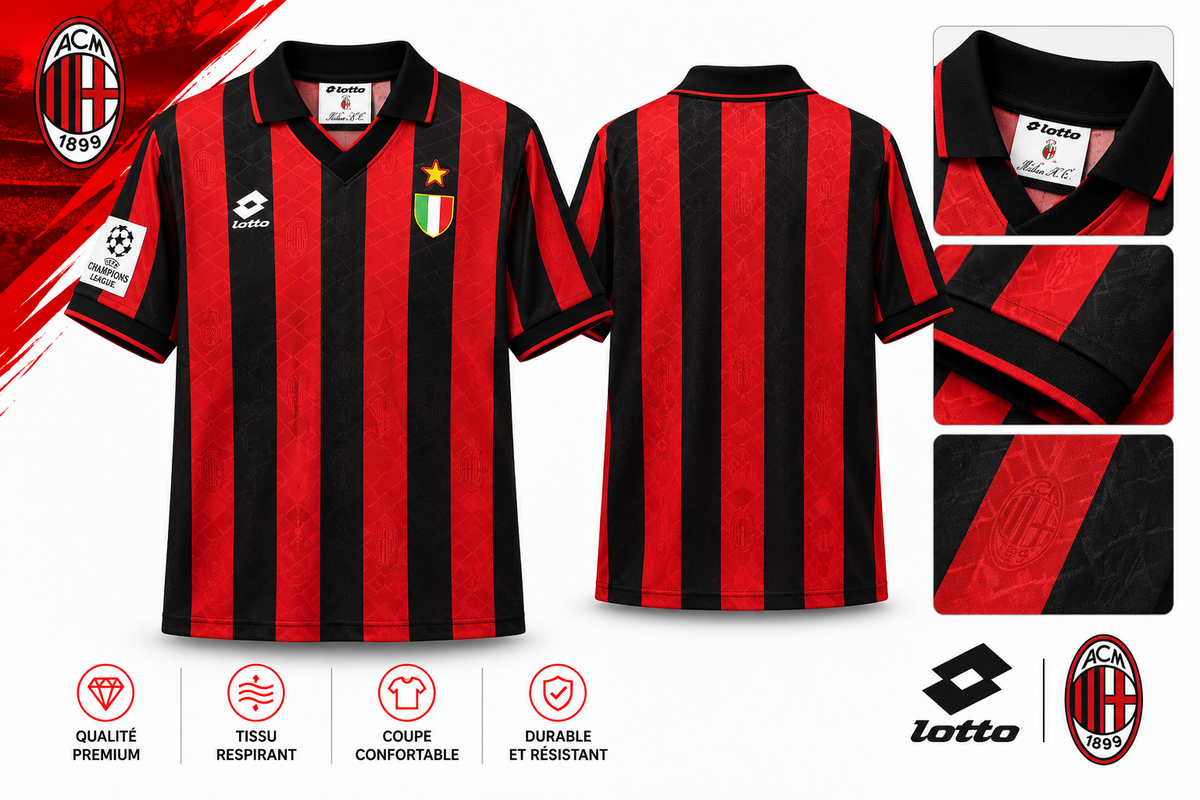 Maillot Milan AC domicile 1993-1994 – détails du col, des manches et des motifs
