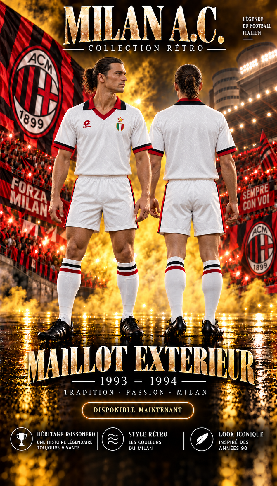 Maillot Milan AC extérieur 1993-1994 – porté par un mannequin, face et dos