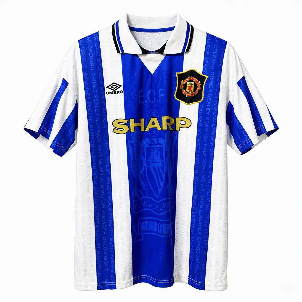 Maillot Manchester United Third 1994-1996 rétro Umbro, rayures bleues et blanches, vue de face