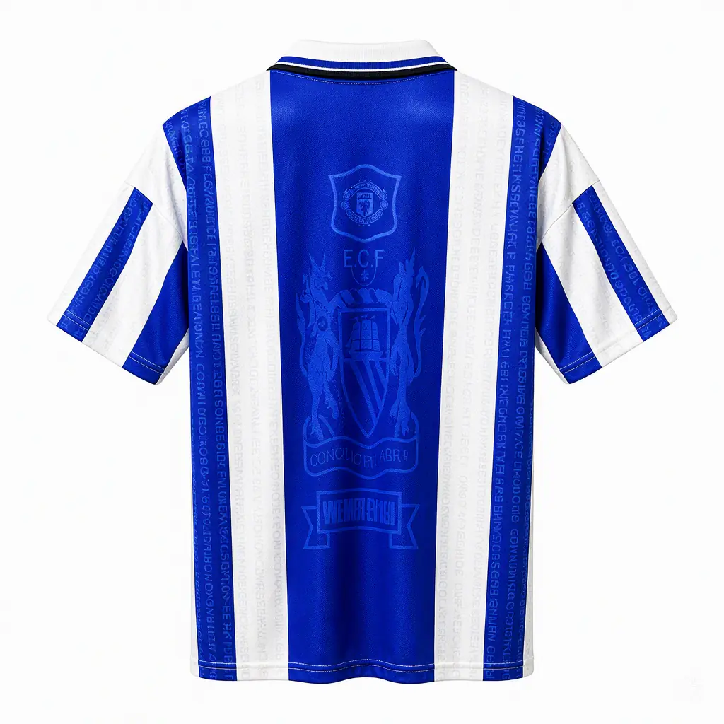 Maillot Manchester United Third 1994-1996 rétro Umbro, rayures bleues et blanches, vue de dos