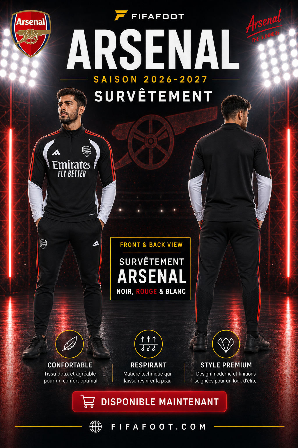 Survêtement Arsenal Noir, Rouge & Blanc 2026-2027 – Ensemble Football Homme