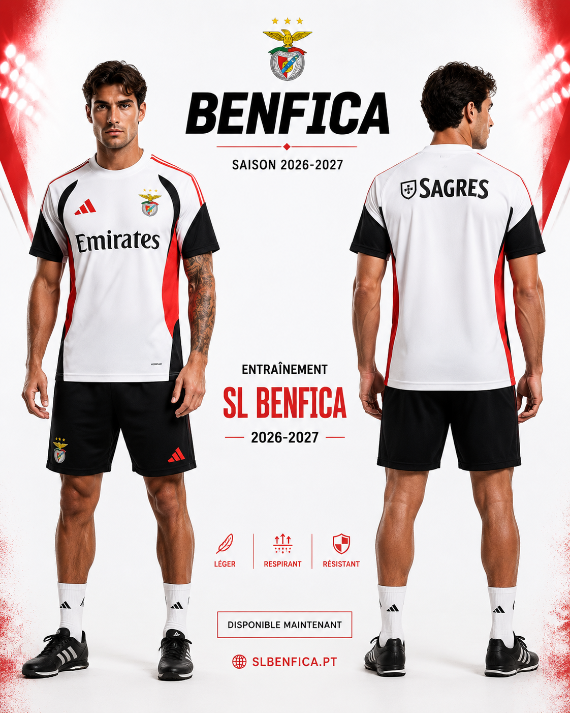 Maillot Entraînement Benfica 2026-2027 Blanc Noir Rouge – Jersey Training SL Benfica Football Homme